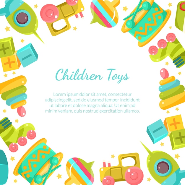 chidren toys banner with place for text in circular shape vector illustration on white background