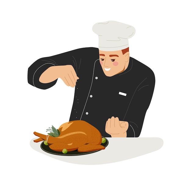 Chief cook with food concept Man in apron and white hat with grill chicken Sticker for social networks and messengers Cartoon flat vector illustration isolated on white background