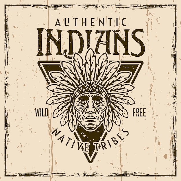 Chief head native american colored vector round vintage emblem badge label or tshirt print Illustration on background with grunge textures and frame vector illustration