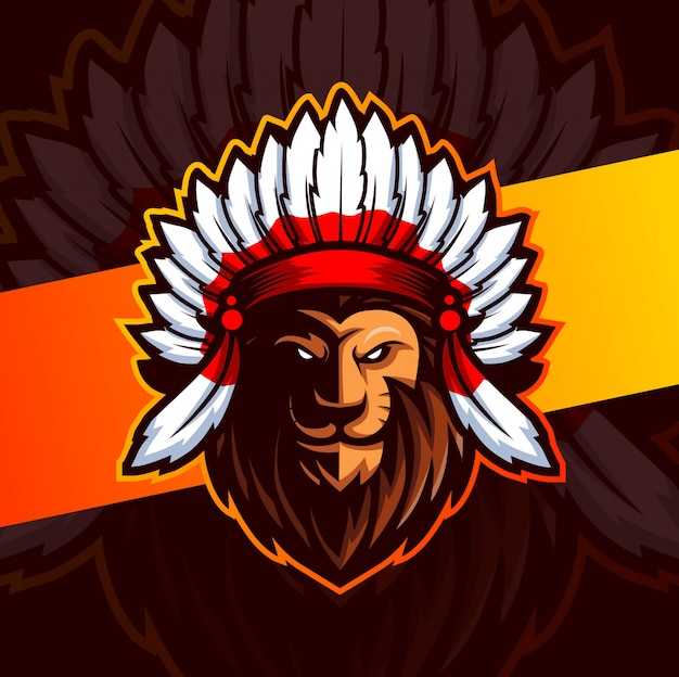 Vector chief indian lion mascot esport logo design