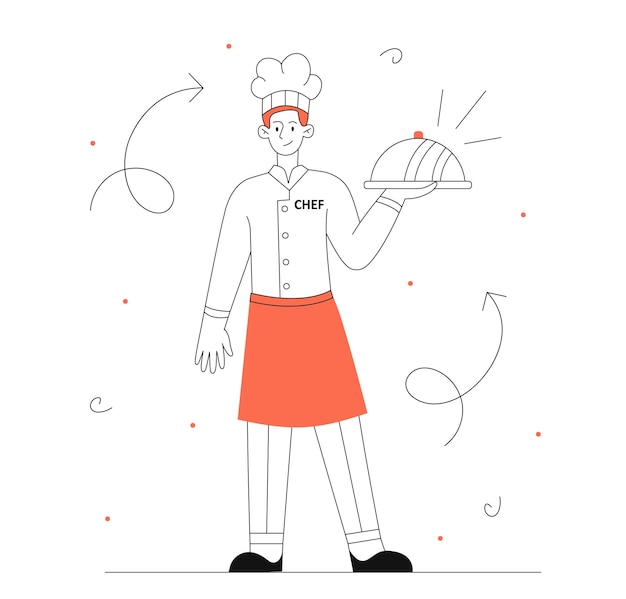 Chief kok lijn concept Jonge man met dienblad en witte hoed schort Man met bereide smakelijke schotel Professionele bezetting Café of restaurantpersoneel Lineaire platte vectorillustratie