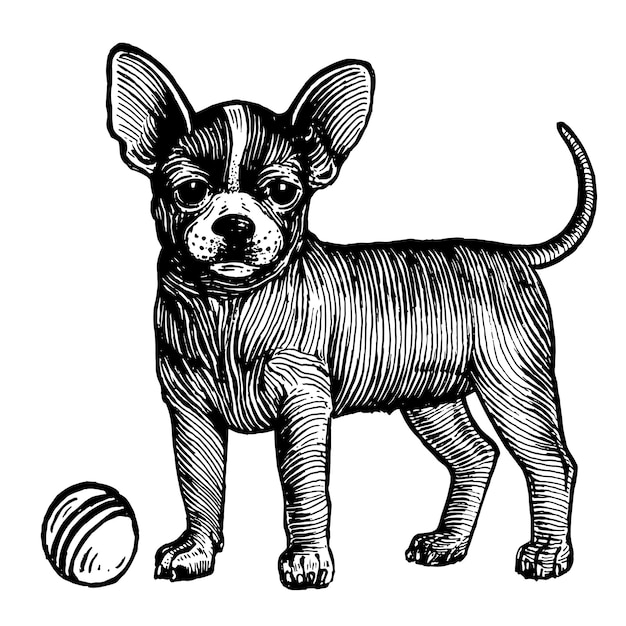 Chihuahua a dog with a ball vector illustration Vintage graphics and handwork