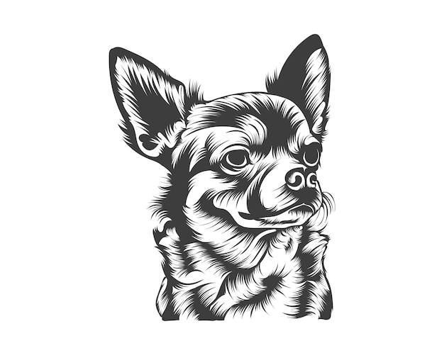 Chihuahua hond terug en wit vector silhouet, hond gezicht illustratie