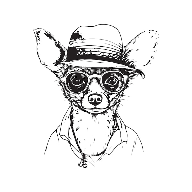 Chihuahua con cappello di paglia e occhiali logo vintage linea arte concetto colore bianco e nero illustrazione disegnata a mano