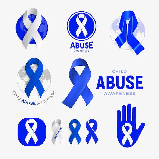 아동 학대 인식 아이콘 세트 블루 리본 컬렉션 가정 폭력 캠페인 기호 어린이
