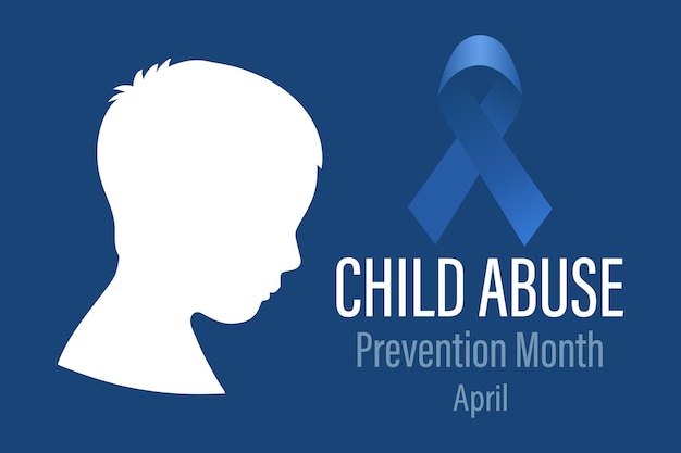 Vettore mese di prevenzione degli abusi sui minori aprile sagoma di un bambino di profilo e nastro azzurro banner pos