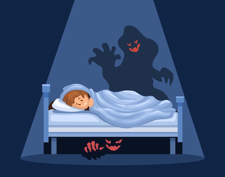 Vector child afraid monster under bed while sleep scene illustration cartoon illustration vector