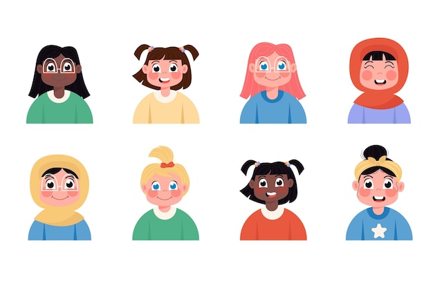 Vector child avatars of happy international girls in flat style