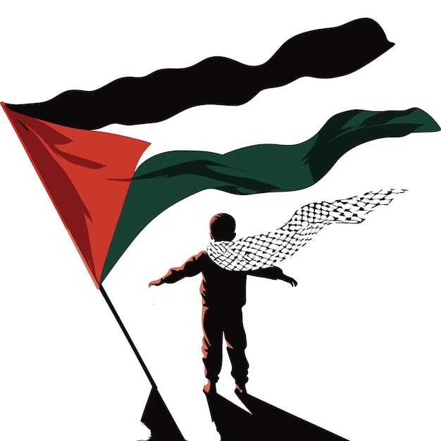 A child background a palestinian flag a boy is supporting palestine during a protest