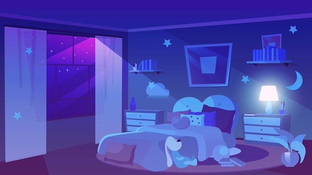 子供の寝室の夜のビューフラットイラスト。パノラマウィンドウの濃い紫色の空の星。ぬいぐるみ、壁に飾られた雲のある女の子らしい部屋のインテリア。花瓶、ランプ付きのベッドサイドテーブル
