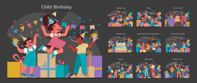 Child birthday set vibrant display of joyous birthday celebrations kids of various ages celebrate an