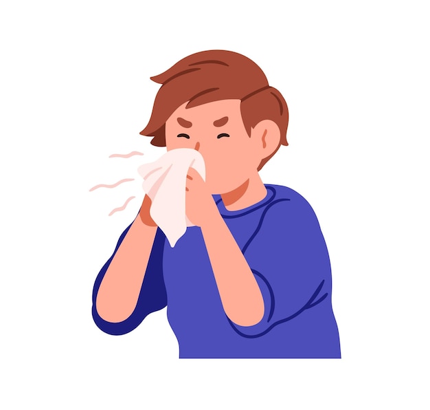 Vector child blowing nose with handkerchief in hands ill sick kid sneezing from cold flu unhealthy little boy with allergy virus illness symptom flat vector illustration isolated on white background