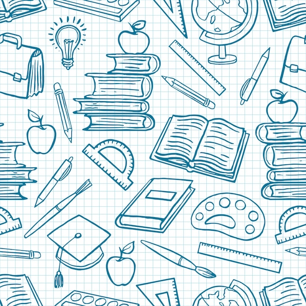 学用品と子の青い背景。グローブ、ペンキとブラシ、本。手描きイラスト