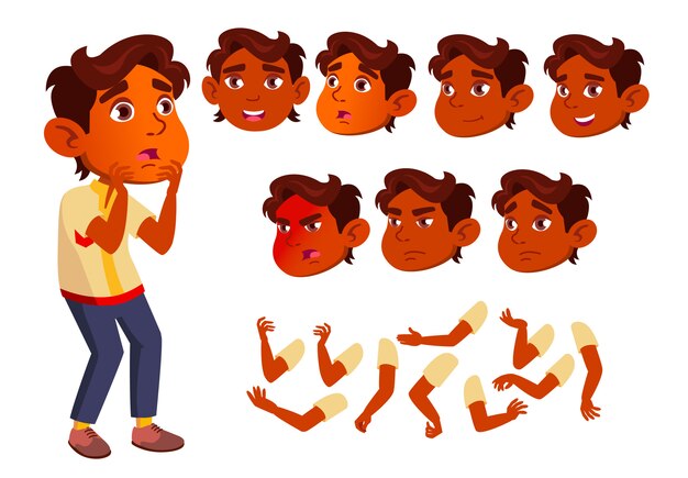 Child boy character. indian. creation constructor for animation. face emotions, hands.