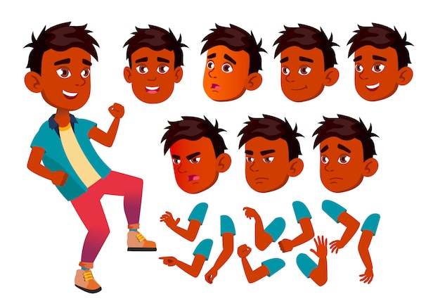 Child boy character. indian. creation constructor for animation. face emotions, hands.