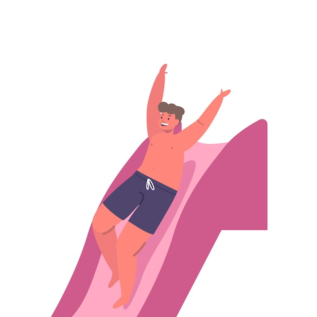 Vector child boy character joyfully sliding down a water slide into a pool experiencing the thrill of the water rushing beneath