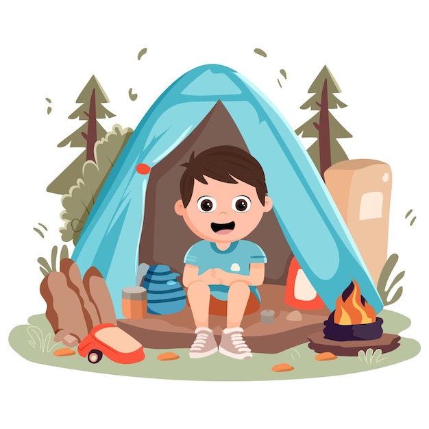 Vector a child camping in front of a tent