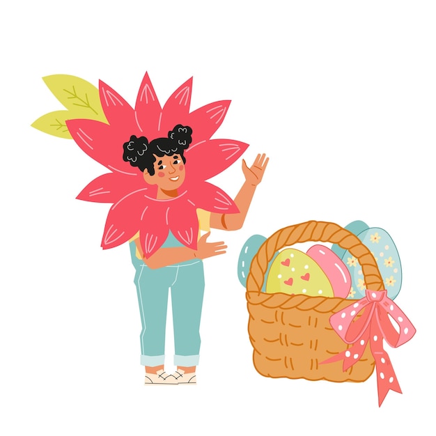 Child in carnival costume of flower with Easter eggs flat vector illustration isolated