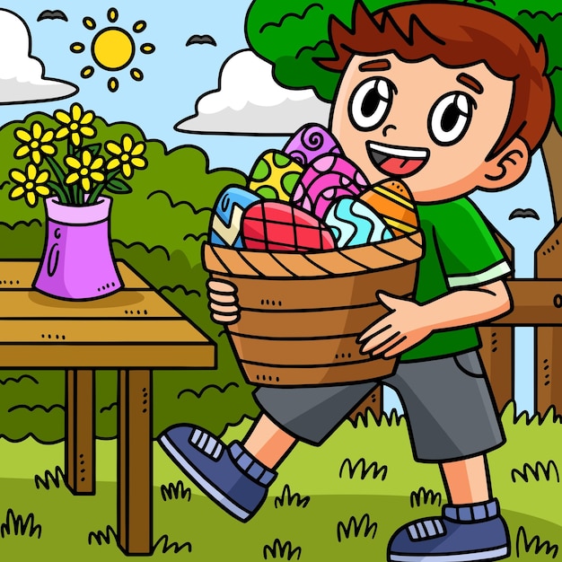 Child Carrying Basket of Easter Eggs Colored