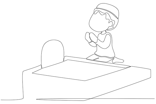 A child in a cemetery praying while raising his hands One line drawing