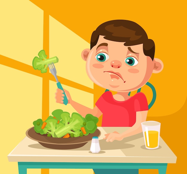 Il personaggio del bambino non vuole mangiare i broccoli