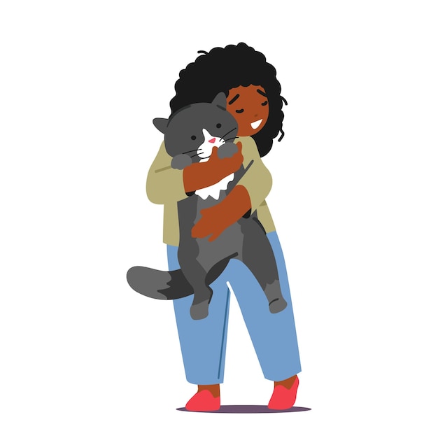 ベクトル ペットの所有権の喜びと快適さを経験する愛する猫を幸せに抱きしめる子供のキャラクター漫画ベクトルイラスト