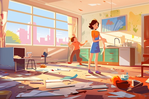 Vector child cleaning up mother