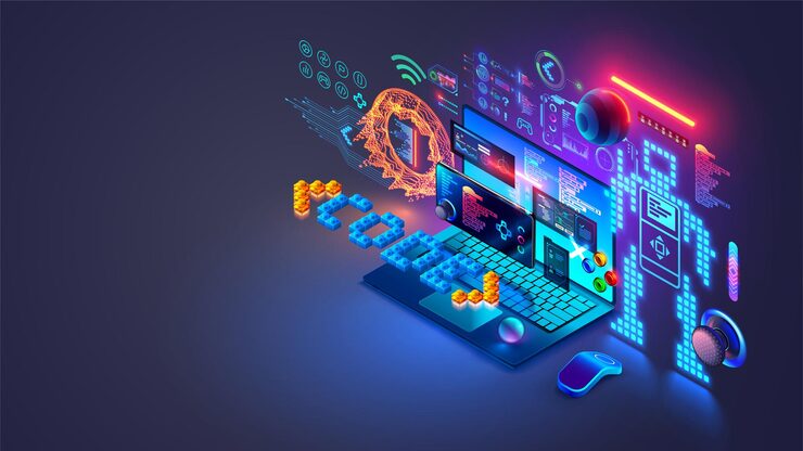 Vector child create code of program for control robot on laptop phone on programming language kids educational of computer game technology robotics engineering programming game ai robot in stem school