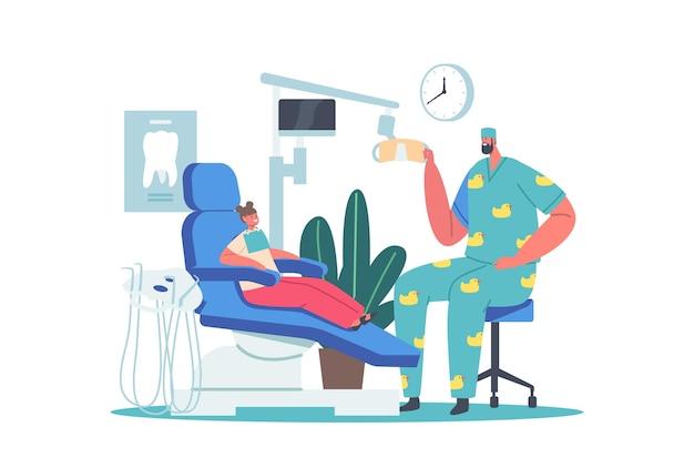 Vector child at dentist office. little girl patient at dental clinic for kids, male doctor in funny medic robe sitting at chair