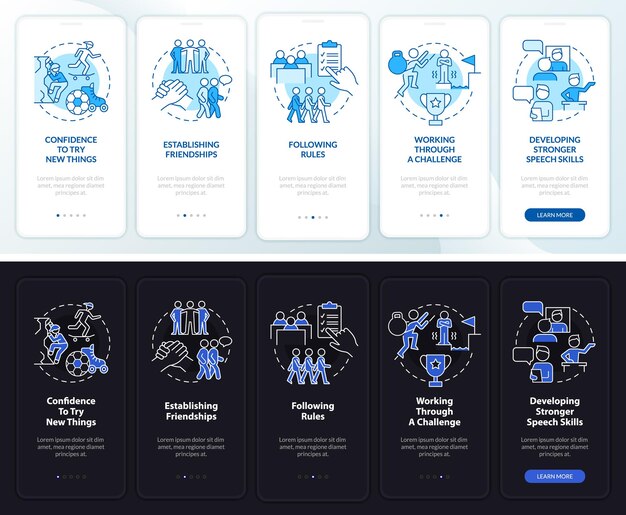 Child development night and day mode onboarding mobile app screen