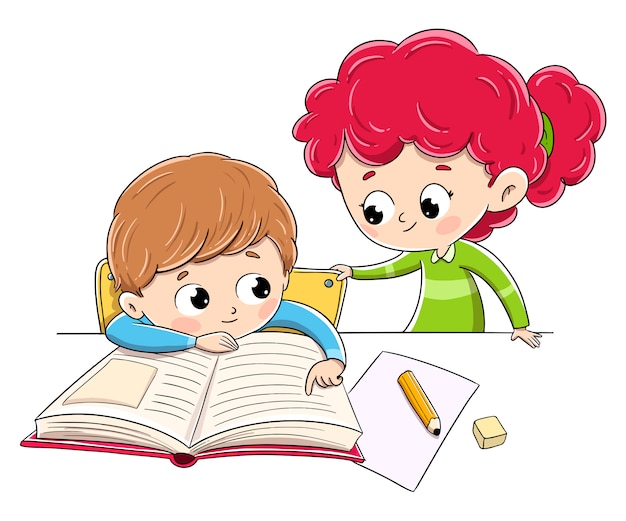 Child doing homework and his sister helps him. family education