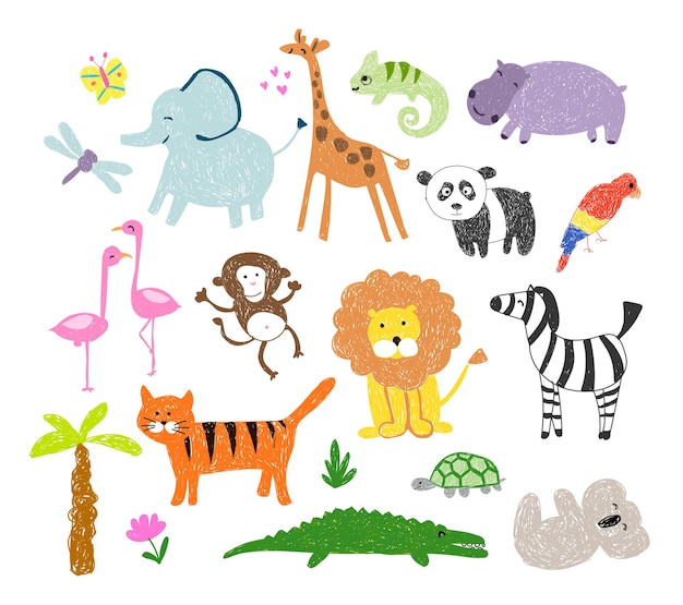 Child drawing Vector illustration african animals for kids children clipart