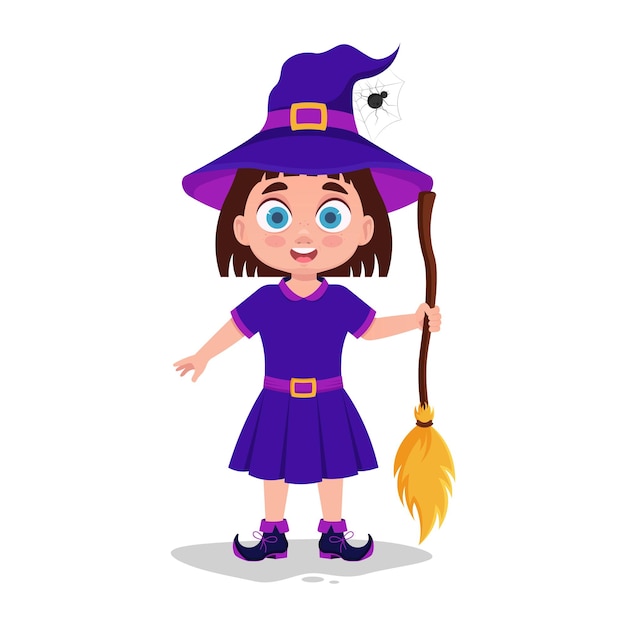 Ребенок, одетый как ведьма, идет на Хэллоуин