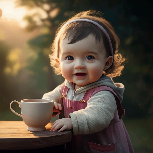 The child drinks tea and eats cookies Selective focus