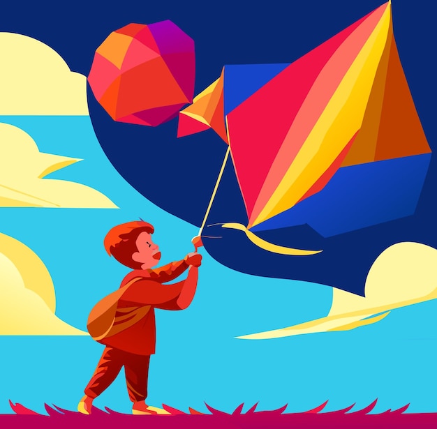 Child Flying Colorful Kite on a Windy Day