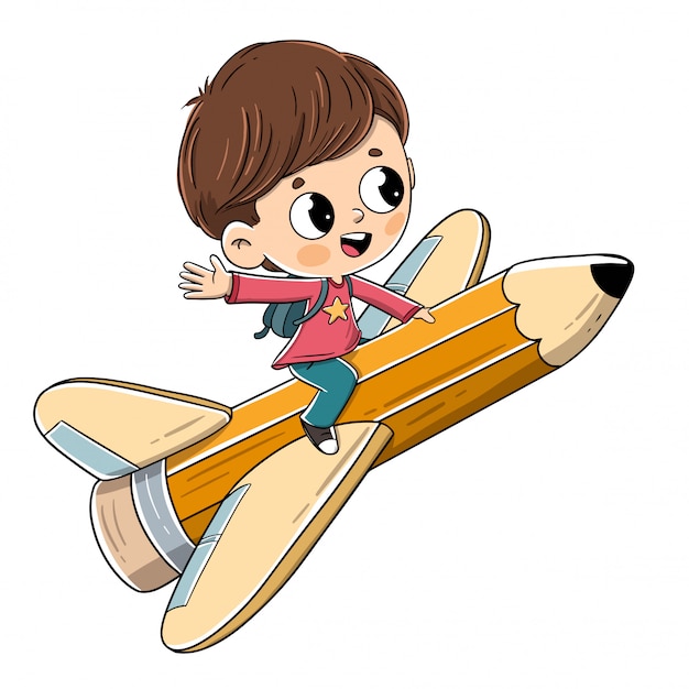 Child flying on a pencil with wings