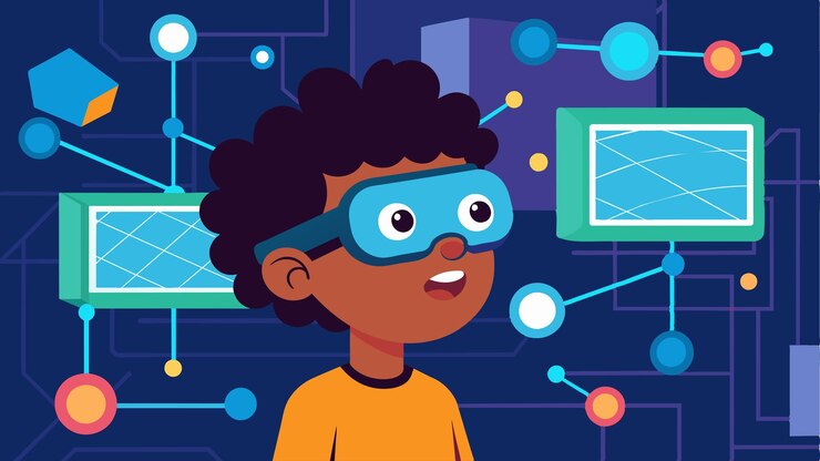 Vector a child gazes in awe at a virtual reality simulation of a complex computer network excited to figure