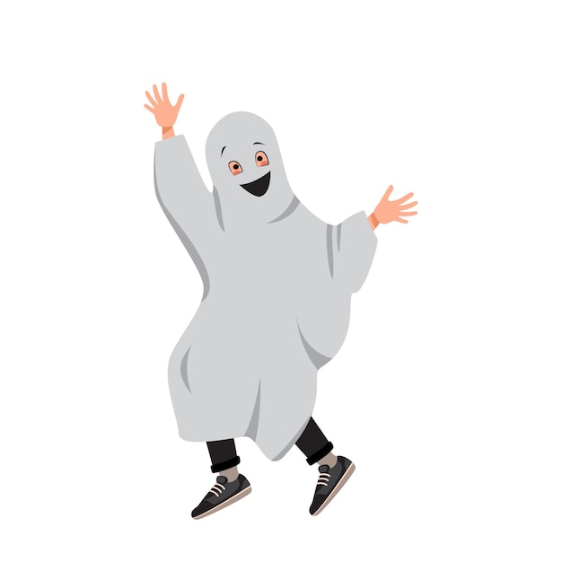 Vector child in a ghost costume for halloween boy in fancy dress kid dancing