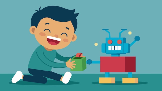 A child giggling in delight as they move a toy robot using only their thoughts