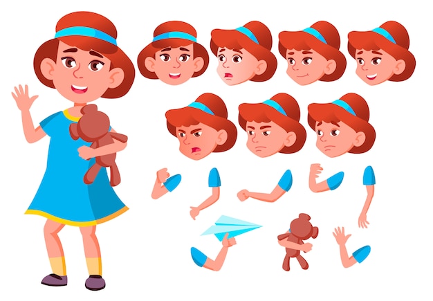 Child girl character. european. creation constructor for animation. face emotions, hands.