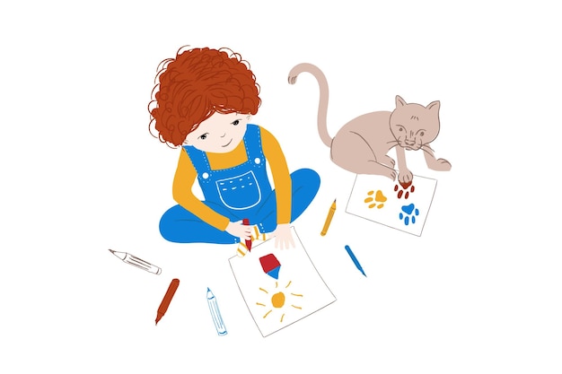 Vector child girl drawing with colored crayons and pastels near her kitten vector illustration