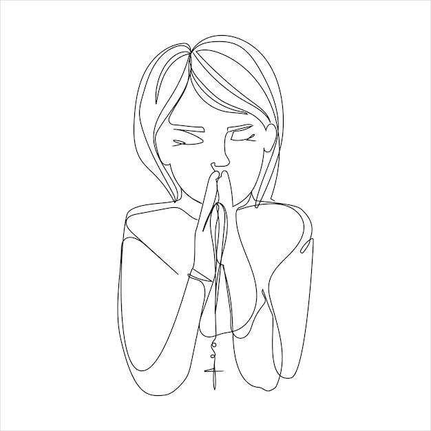 Vector child girl praying with folded hands art line vector illustration isolated on white background