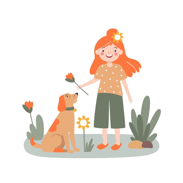 Vector child girl walking with a dog in the park active recreation concept vector illustration in a flat