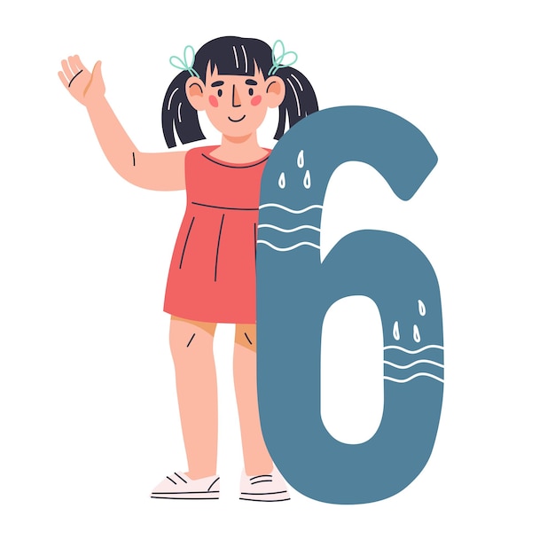 Vector child girl with huge number six in hands vector cartoon flat illustration isolated