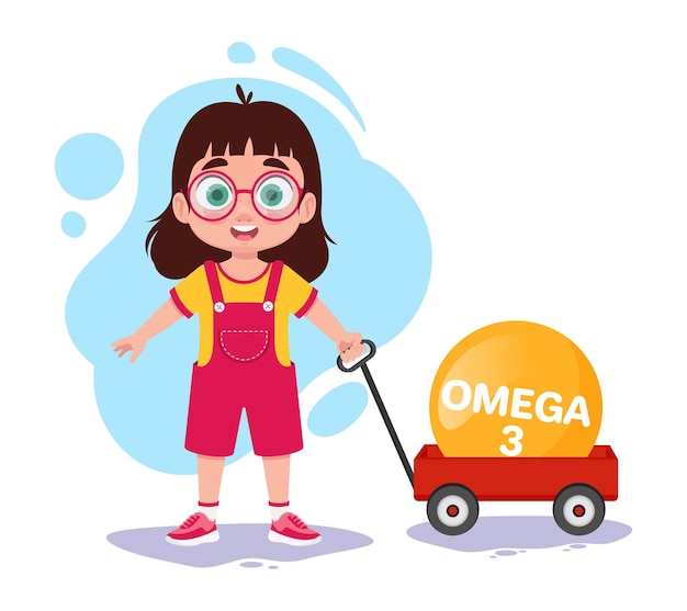 Child girl with vitamin Omega 3 child health