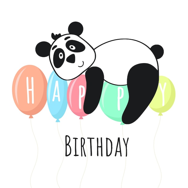 Child greeting card happy birthday banner with panda on balloons flat design vector illustration