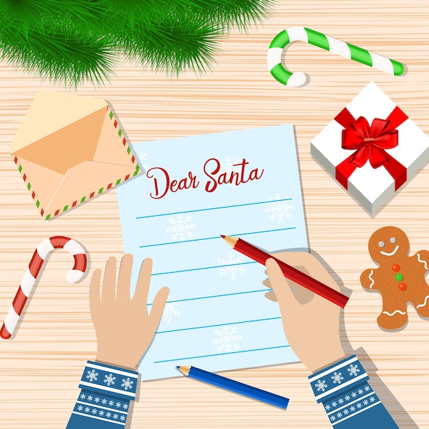 Mano del bambino con la penna lettera di scrittura a babbo natale