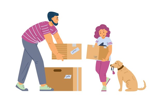 Child helps father to pack for moving to new home vector illustration isolated