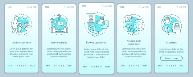 子供の在宅ケアオンボーディングモバイルアプリページ画面ベクトルテンプレート。介護サービス。小児科。子供の障害のウォークスルーウェブサイトの手順。医学とヘルスケア。 UX、UI、GUIスマートフォンインターフェース