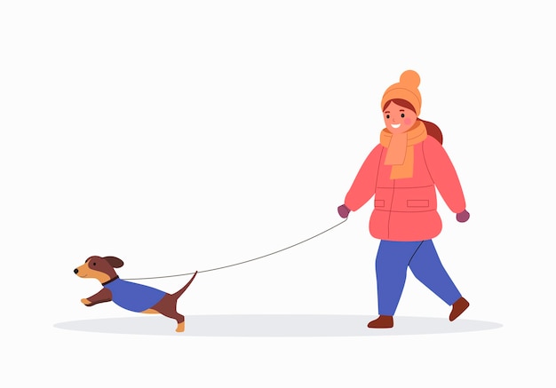 겨울 옷을 입은 아이가 고립된 개와 함께 걷고 있습니다. 벡터 평면 스타일 그림